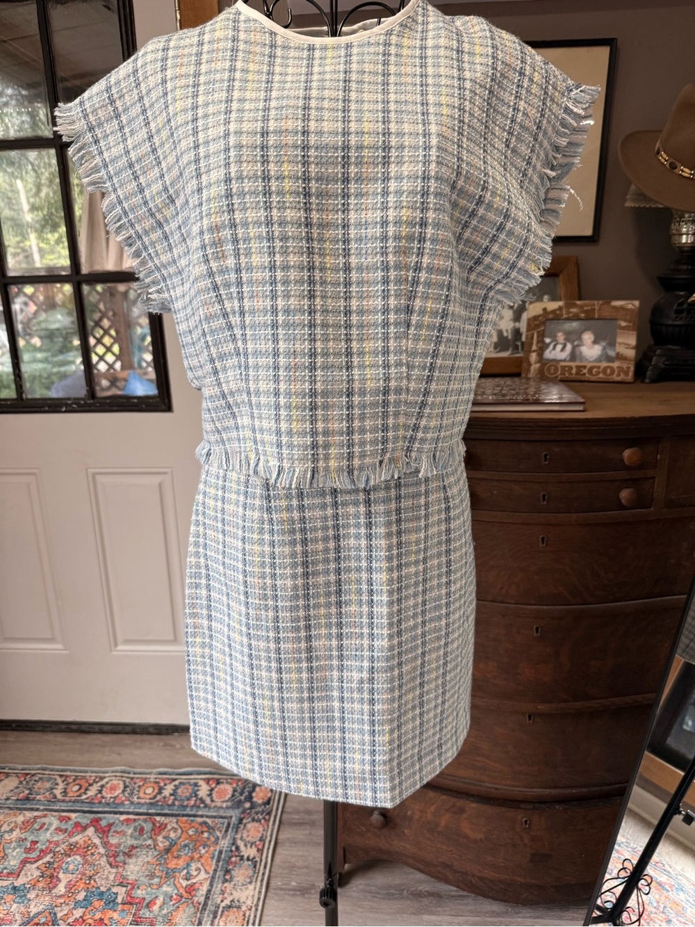 Pastel Blue Plaid Tweed Like 2pc Set with a Fray Detail